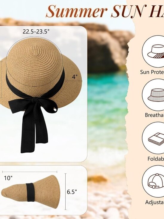 Women\'s Sun Hats Straw Beach Hat Sun Protection Foldable Khaki With Black Ribbon main image 5